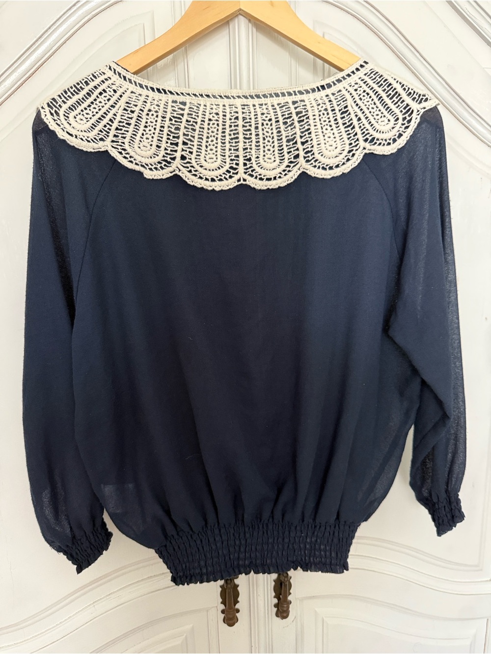 Lowrys Farm Navy Sheer Crochet Collar Blouse, Size M - Cottagecore - Picture 3 of 10